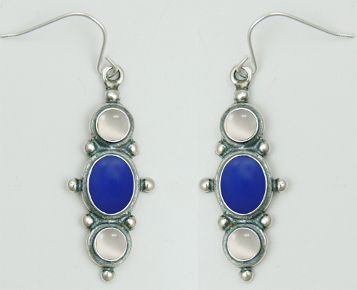 Sterling Silver Drop Dangle Earrings With Blue Onyx And White Moonstone